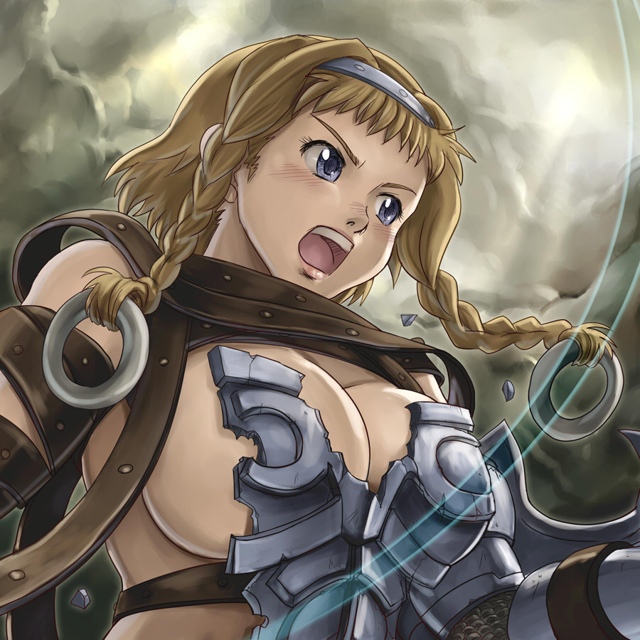 hamoto, exiled warrior leina, leina (queen's blade), queen's blade, bad id, bad pixiv id, 00s, 1girl, armor, blonde hair, blue eyes, blush, braid, breasts, buckle, cleavage, female focus, hairband, large breasts, open mouth, outdoors, short hair with long locks, side braid, sky, solo, twin braids