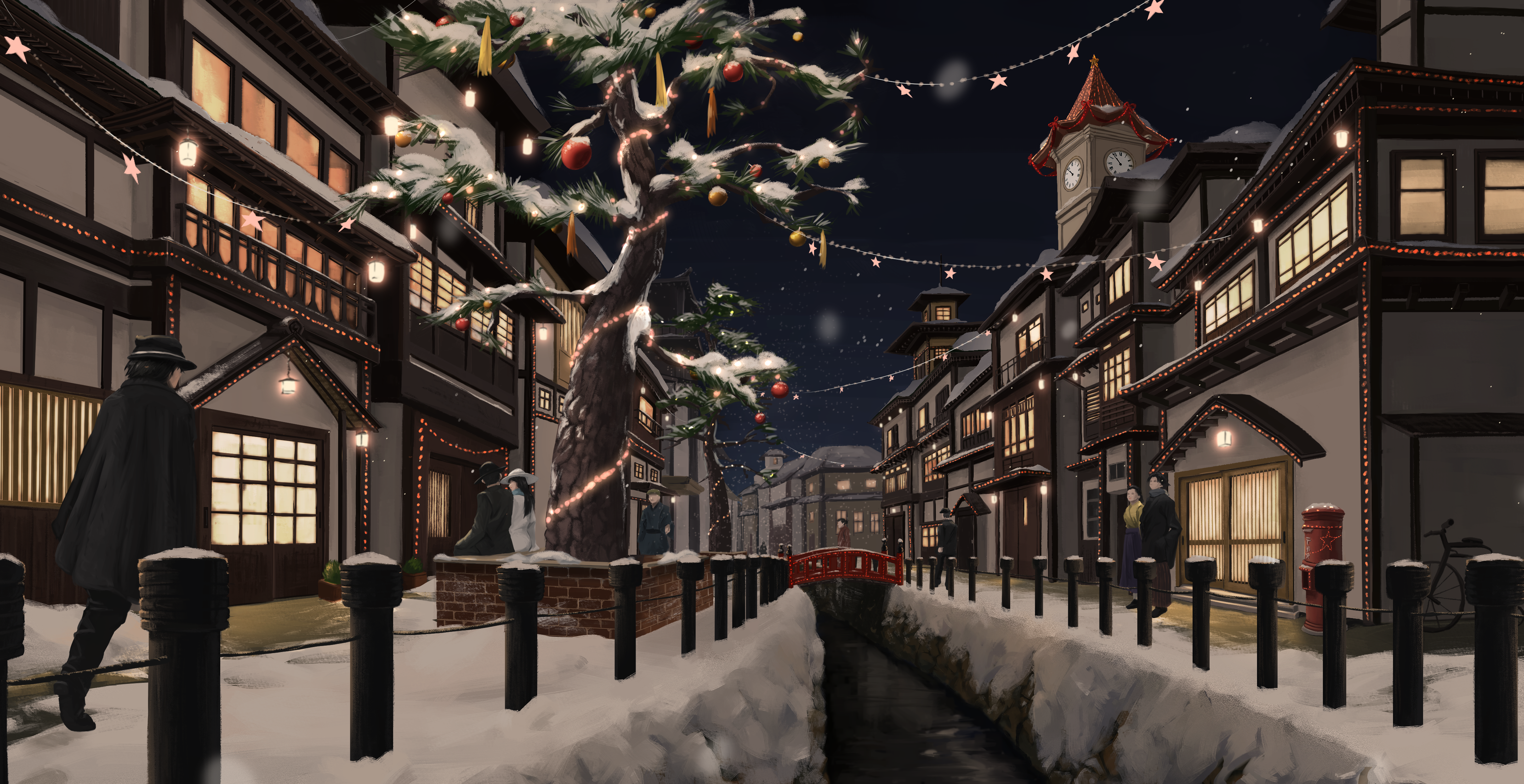 ryo (r9030397), original, absurdres, commentary request, highres, architecture, bicycle, bollard, bridge, building, christmas, christmas ornaments, east asian architecture, japanese clothes, night, outdoors, people, postbox (outgoing mail), river, scenery, shouji, sky, sliding doors, snow, star (sky), taishou, tree