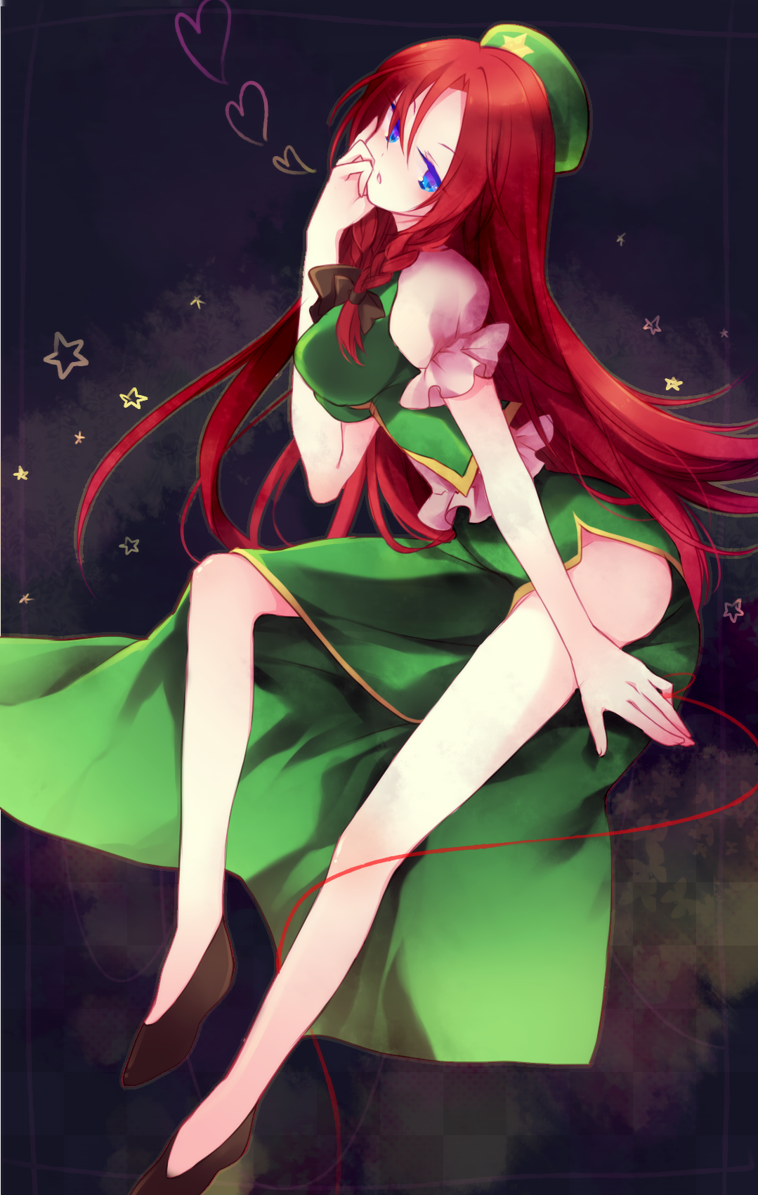 ibara riato, hong meiling, embodiment of scarlet devil, touhou, bad id, bad pixiv id, highres, 1girl, bad anatomy, bad leg, blue eyes, braid, breasts, female focus, hair ribbon, hat, heart, long hair, red hair, ribbon, solo, star (symbol), twin braids