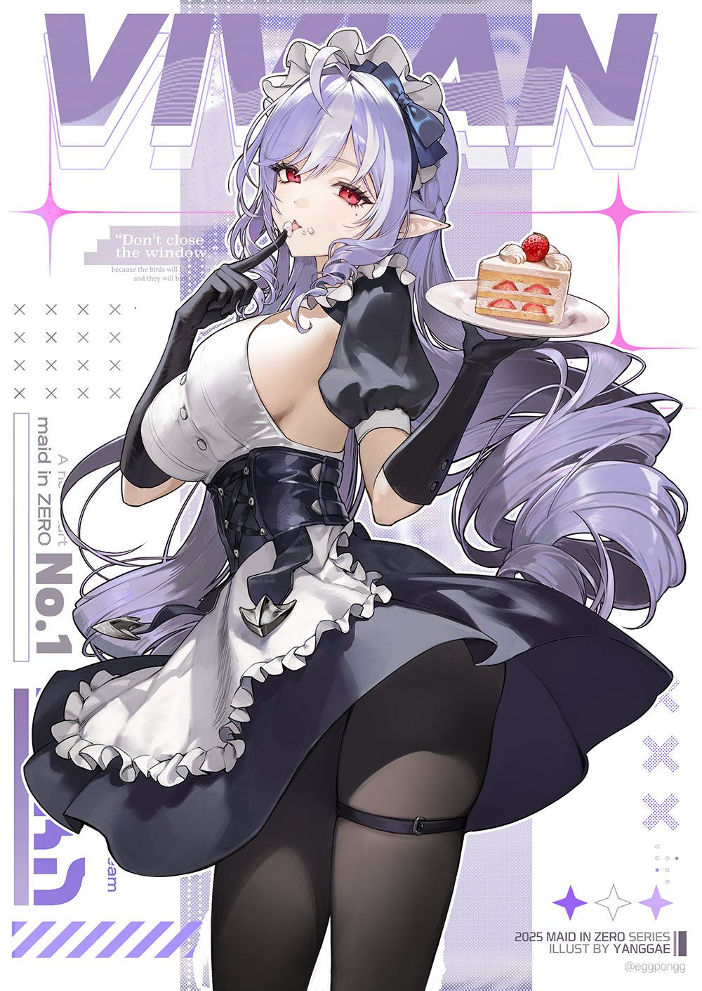 eggpongg, vivian banshee, zenless zone zero, highres, 1girl, alternate costume, black gloves, black pantyhose, black shrug, breasts, cake, cake slice, character name, dress, drill hair, enmaided, finger to mouth, food, gloves, holding, holding plate, large breasts, long hair, maid, maid headdress, pantyhose, plate, purple hair, red eyes, shrug (clothing), sideboob, solo, strawberry shortcake, thigh strap, twin drills, white dress
