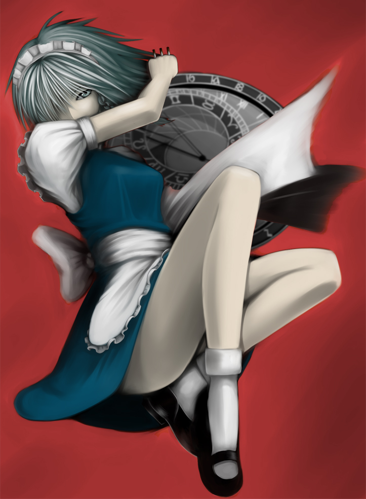 chulain, kamata yuuya, izayoi sakuya, touhou, silver hair, bad id, bad pixiv id, 1girl, blue eyes, braid, female focus, knife, maid, maid headdress, mary janes, shoes, short hair, solo, throwing knife, twin braids, weapon