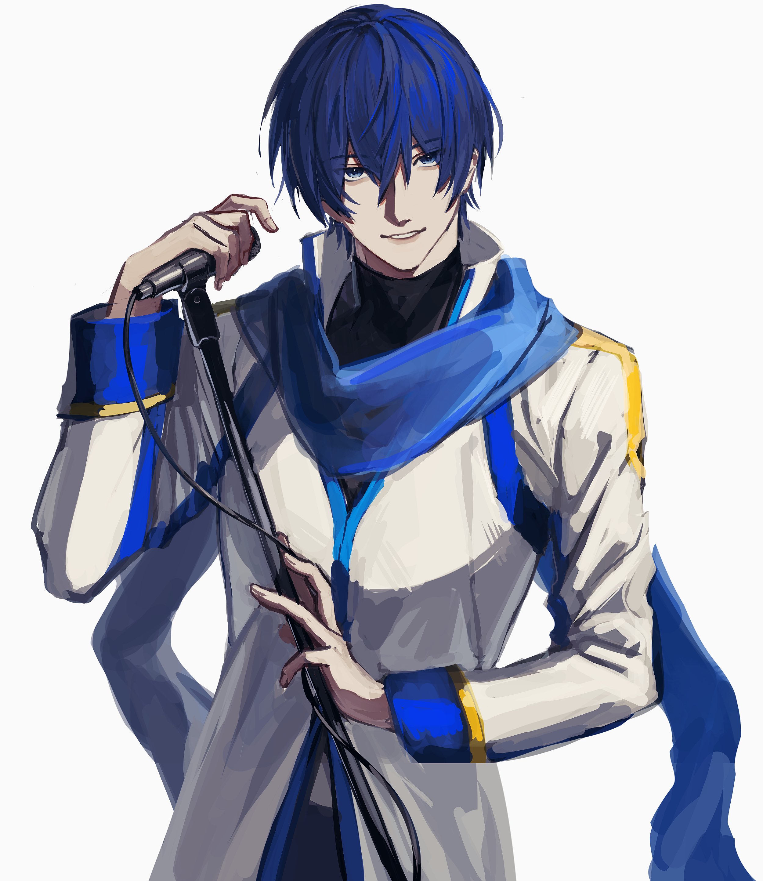 tkc (tkoshinchan), kaito (vocaloid), vocaloid, absurdres, commentary request, highres, 1boy, blue eyes, blue hair, blue scarf, coat, hair between eyes, long sleeves, looking at viewer, male focus, microphone stand, parted lips, scarf, simple background, solo, upper body, white background, white coat