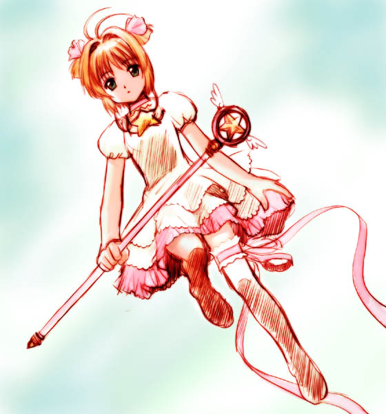 a1 (initial-g), kinomoto sakura, kinomoto sakura (astral sakura), cardcaptor sakura, archived source, commentary request, 1girl, antenna hair, asymmetrical legwear, boots, bow, choker, closed mouth, dress, dutch angle, expressionless, frilled thigh strap, full body, hair bow, hair intakes, hatching (texture), holding, holding wand, lace, lace-trimmed dress, lace trim, layered dress, linear hatching, looking at viewer, magical girl, orange hair, pink bow, pink choker, pink dress, pink ribbon, pink straps, puffy short sleeves, puffy sleeves, ribbon, short hair, short sleeves, short twintails, single thigh boot, solo, star (symbol), star choker, star ornament, thigh boots, thigh strap, twintails, two-tone dress, uneven legwear, wand, white boots, white dress, white sleeves, winged wand