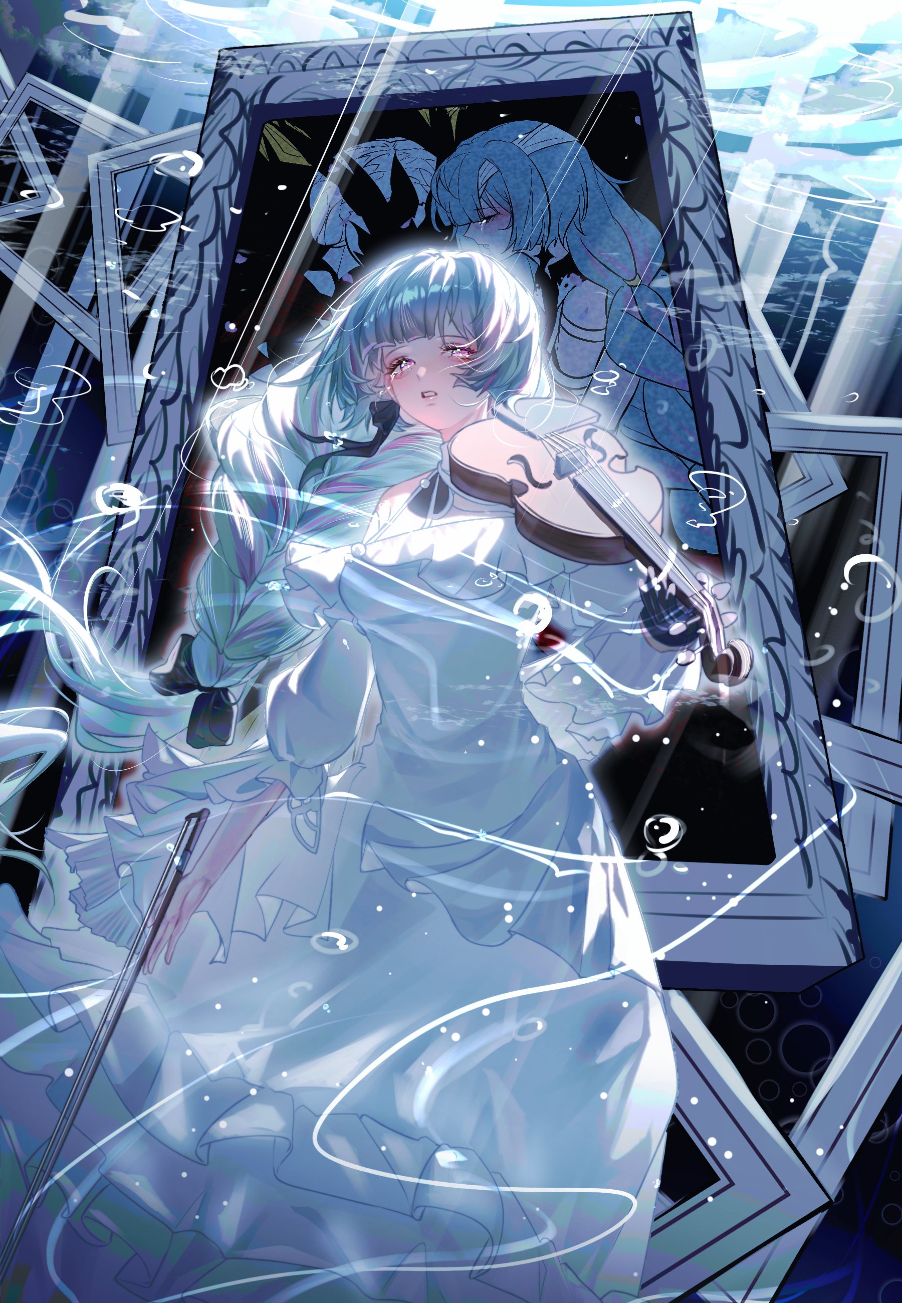 phrolova (wuthering waves), wuthering waves, absurdres, highres, asymmetrical gloves, bare shoulders, black gloves, black ribbon, bow (music), braid, bubble, dress, gloves, hair ribbon, holding, holding bow (music), holding instrument, holding violin, hongse guang, instrument, long dress, long hair, looking to the side, multicolored hair, official alternate costume, picture frame, purple eyes, ribbon, streaked hair, tears, underwater, violin, white dress