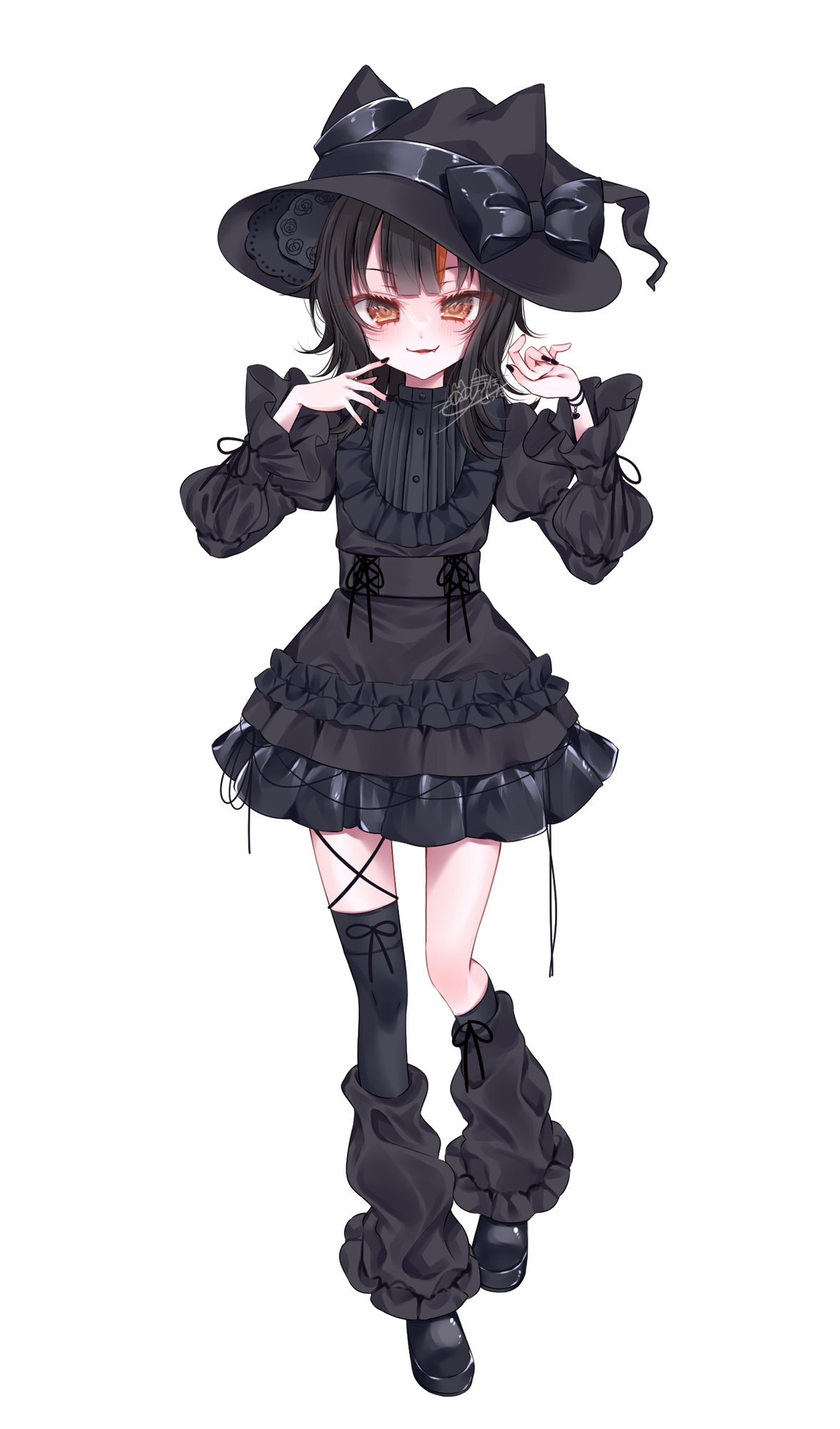 tokito setsuna, sawatari coco, mahou shoujo no majo saiban, commentary, highres, 1girl, alternate costume, animal ears, asymmetrical legwear, black dress, black hair, black leg warmers, black nails, black shoes, black socks, dress, fake animal ears, fang, frilled dress, frills, full body, hat, hat ribbon, leg warmers, looking at viewer, official artist extra, orange eyes, orange streaks, parted lips, ribbon, shoes, simple background, socks, solo, white background, witch hat