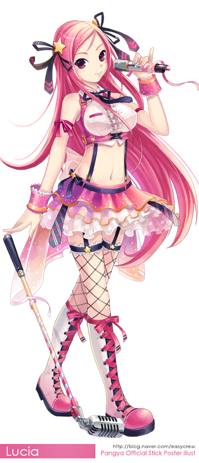 easycrew, lee byung hee, lucia, lucia (pangya), pangya, 1girl, boots, bow, breasts, crop top, female focus, fishnet thighhighs, fishnets, garter belt, garter straps, hair bow, hair ornament, legs, long hair, microphone, microphone stand, midriff, pink hair, red eyes, skirt, solo, suspenders, thighhighs, very long hair
