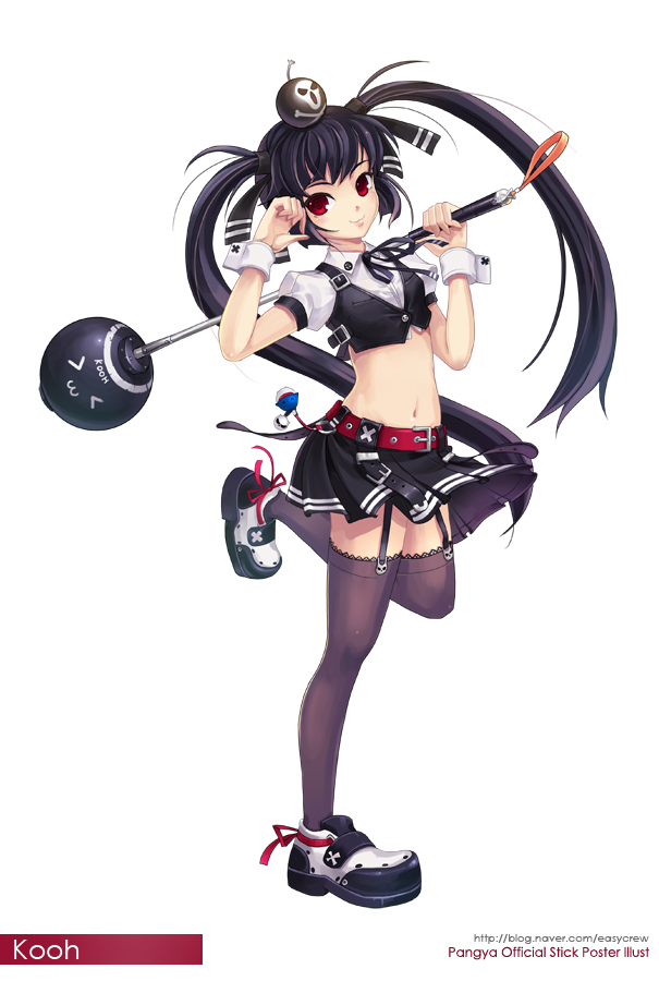 easycrew, lee byung hee, kooh (pangya), pangya, > <, 1girl, black hair, closed eyes, crop top, female focus, garter belt, garter straps, legs, midriff, miniskirt, red eyes, shoes, skirt, solo, thighhighs, twintails, wrist cuffs