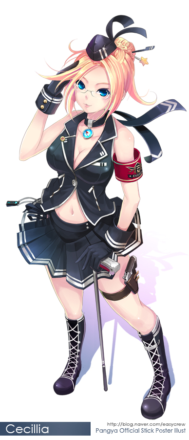 lee byung hee, cecilia, cecilia (pangya), pangya, 1girl, blonde hair, blue eyes, boots, breasts, female focus, glasses, large breasts, legs, lips, skirt, solo