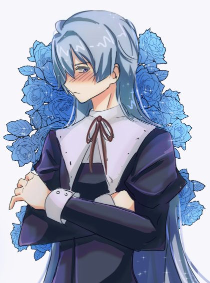 zer00han, joshua bright, eiyuu densetsu, sora no kiseki, 1boy, blue eyes, blue hair, blush, crossdressing, crossdressing (mtf), crossed arms, double-parted bangs, embarrassed, floral background, flower, hair between eyes, long hair, long sleeves, looking at viewer, male focus, puffy long sleeves, puffy sleeves, puritan collar, rose, solo, sparkle, upper body