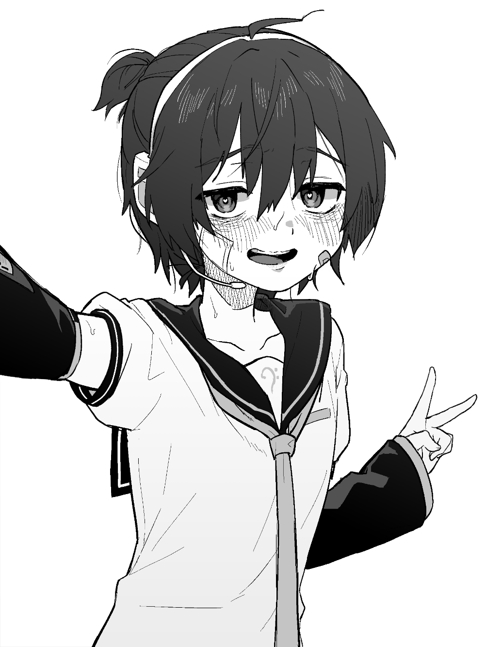 bosa, kagamine len, lee hoon, suicide boy, highres, 1boy, 4mingbbu, bandages, black hair, cosplay, greyscale, hatching, heart, heart-shaped pupils, kagamine len (cosplay), male focus, monochrome, open mouth, school uniform, solo, sweat, symbol-shaped pupils, trap, upper body, v