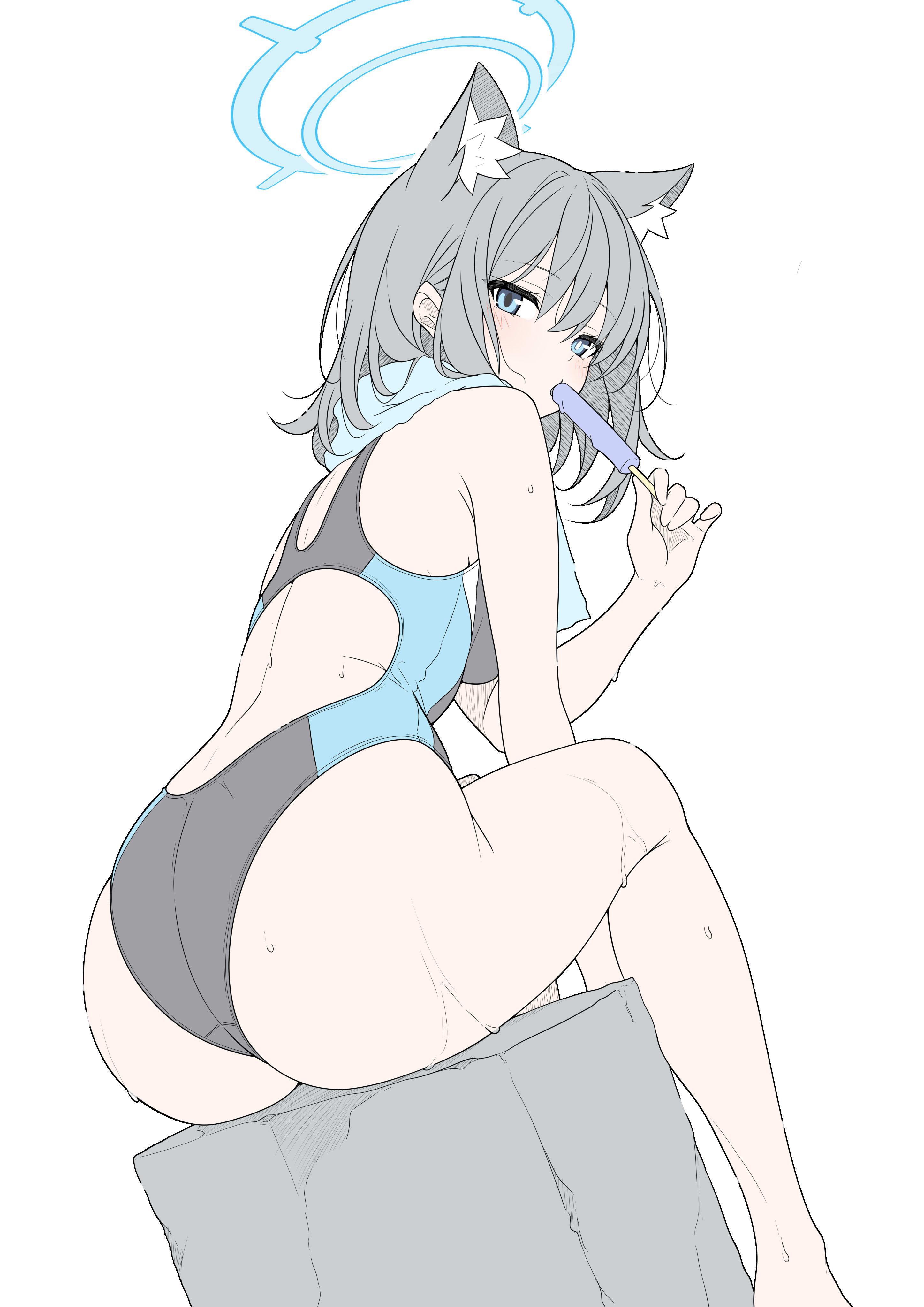 t1kosewad, shiroko (blue archive), blue archive, absurdres, commentary, highres, symbol-only commentary, 1girl, animal ear fluff, animal ears, aqua halo, aqua one-piece swimsuit, back cutout, blue eyes, bright pupils, clothing cutout, competition swimsuit, feet out of frame, food, grey hair, grey one-piece swimsuit, halo, hand up, holding, holding food, holding popsicle, mismatched pupils, multicolored one-piece swimsuit, one-piece swimsuit, popsicle, simple background, sitting, solo, swimsuit, towel, towel around neck, two-tone one-piece swimsuit, wet, white background, white pupils