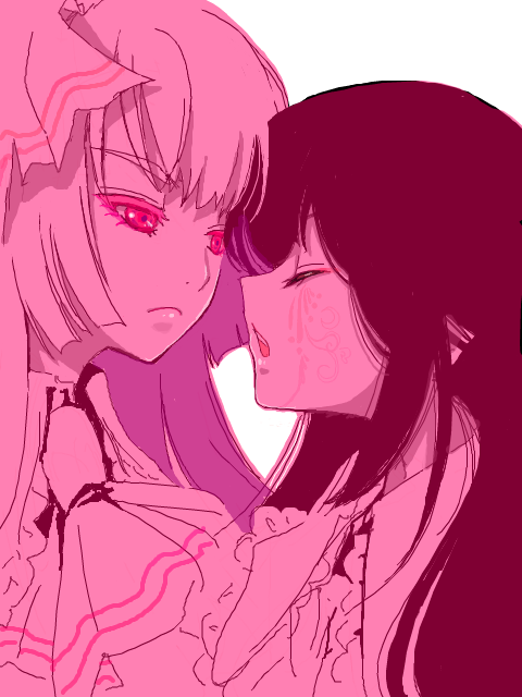 shima chiyo, fujiwara no mokou, houraisan kaguya, touhou, artist request, 2girls, annoyed, black hair, bow, closed eyes, female focus, frills, hair bow, hair ribbon, long hair, monochrome, multiple girls, necktie, open mouth, pink theme, profile, red eyes, ribbon, simple background, tattoo, white background