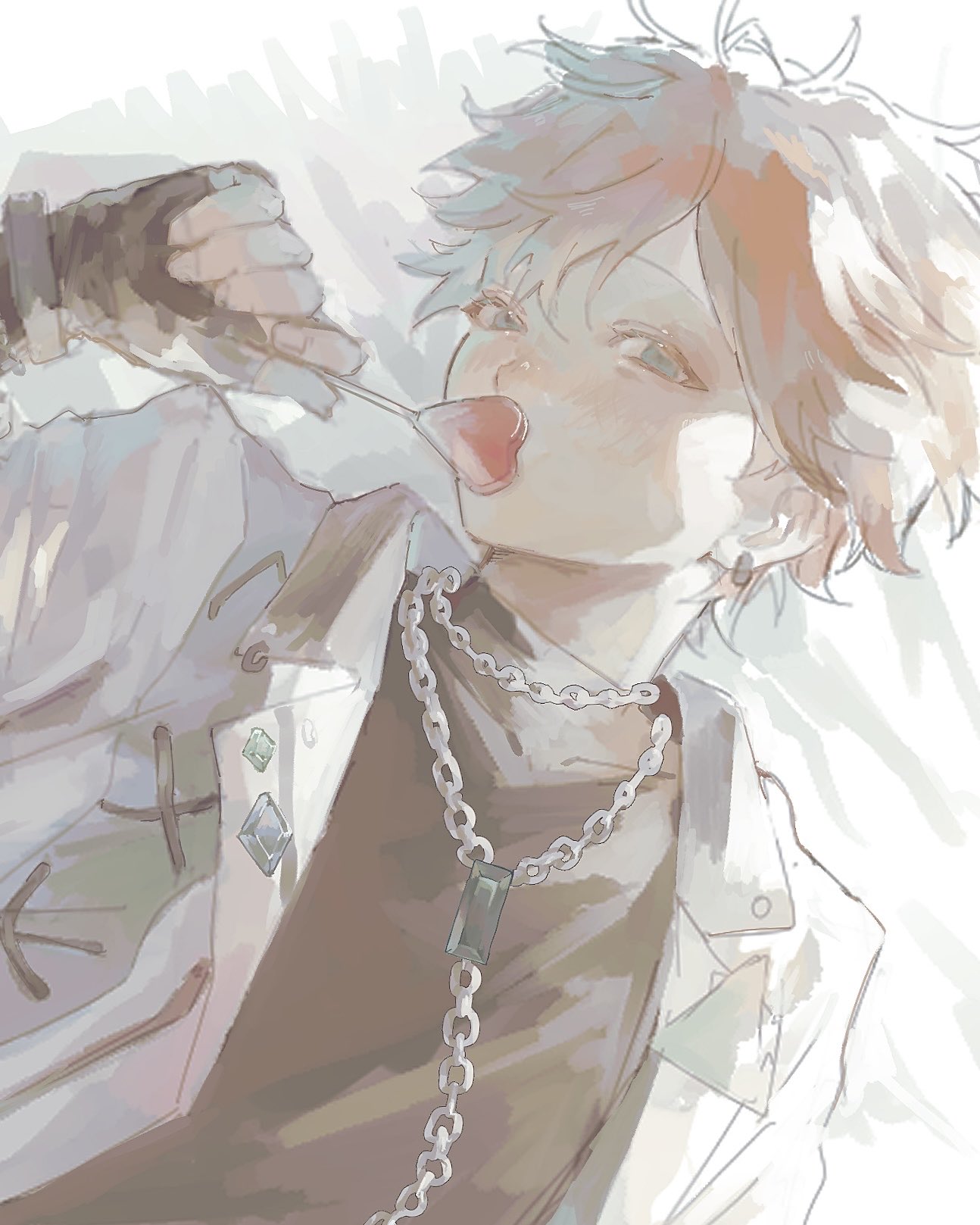 akehoshi subaru, ensemble stars!, highres, 1boy, arm up, black gloves, black shirt, blue eyes, candy, chain, chain necklace, covered mouth, fingerless gloves, food, gloves, hair between eyes, heart, heart-shaped food, heart-shaped lollipop, holding, holding candy, holding food, holding lollipop, jacket, jewelry, lollipop, looking at viewer, male focus, necklace, official alternate costume, open clothes, open jacket, orange hair, shaped lollipop, shirt, short hair, solo, upper body, wwww6210