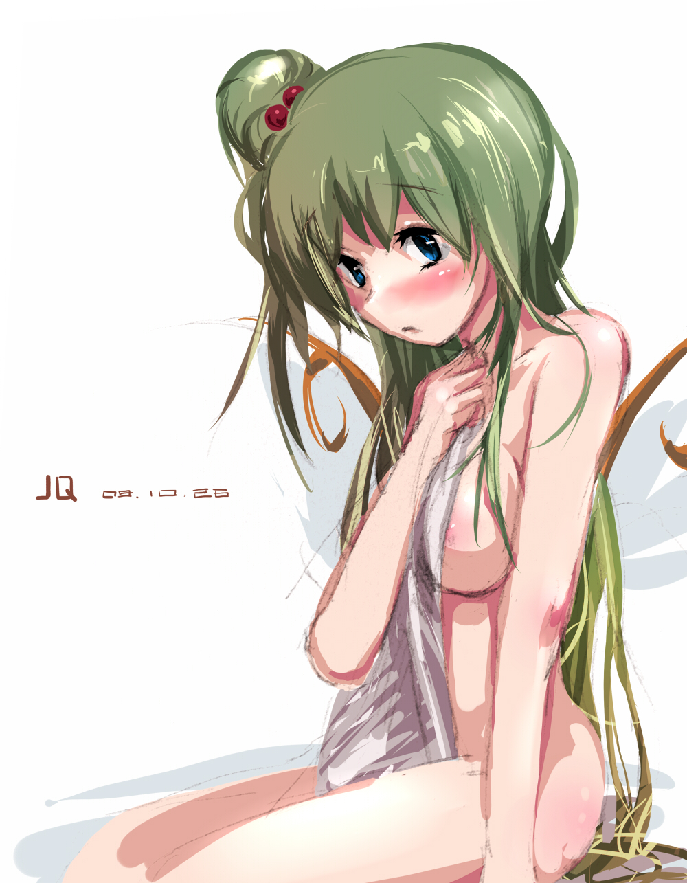 jq3c273, daiyousei, embodiment of scarlet devil, touhou, bad id, bad pixiv id, highres, 1girl, blue eyes, blush, breasts, covering breasts, covering privates, female focus, green hair, long hair, nude, nude cover, side ponytail, sitting, sketch, solo, towel, very long hair, wings