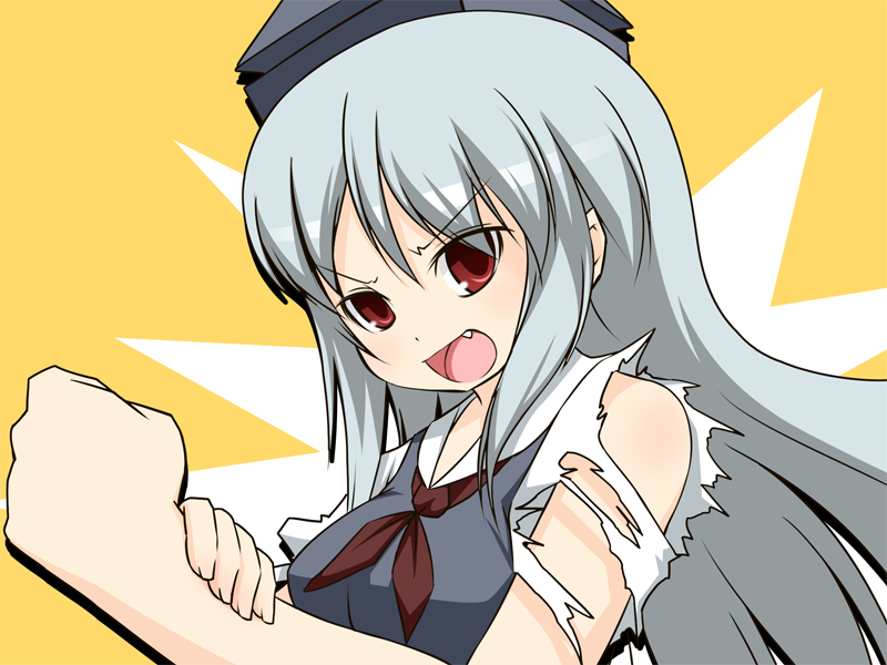 noya makoto, kamishirasawa keine, touhou, silver hair, 1girl, fang, female focus, hat, long hair, red eyes, solo, torn clothes