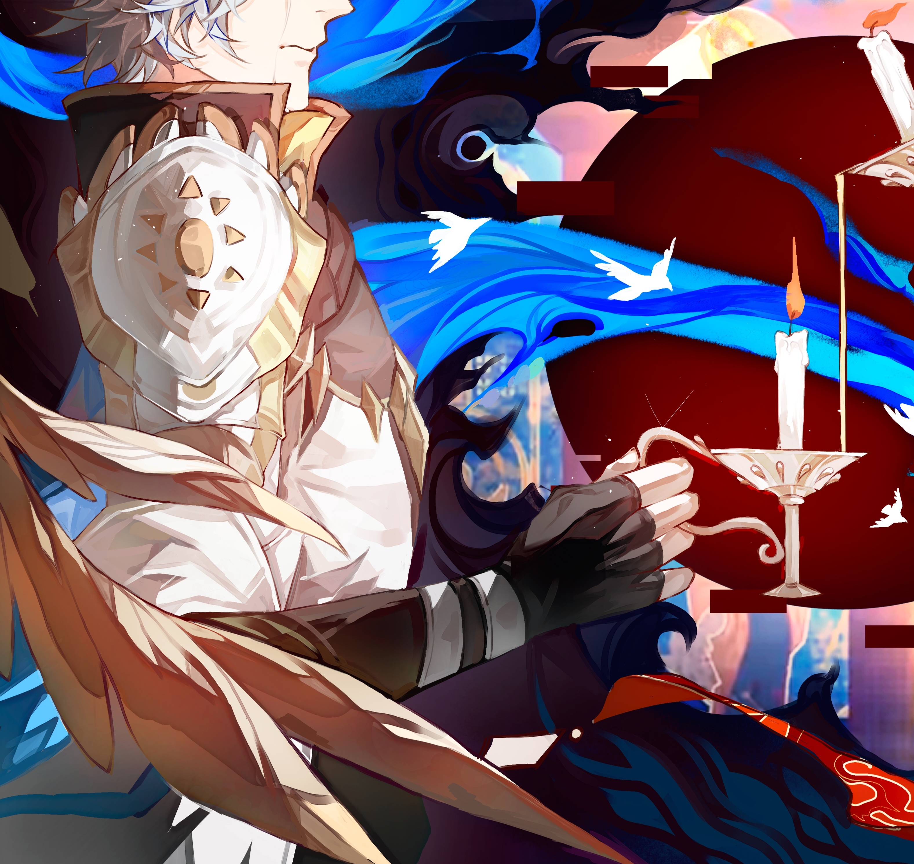 phainon (honkai: star rail), honkai: star rail, honkai (series), absurdres, chinese commentary, commentary request, highres, 1boy, armor, black choker, black gloves, black shirt, blue cape, candlestand, cape, choker, coat, fingerless gloves, from side, gloves, holding, holding candlestand, kerror028, male focus, neck tattoo, pauldrons, shirt, short hair, shoulder armor, single pauldron, solo, sun symbol, sun tattoo, tan, tattoo, tears, white coat, white hair