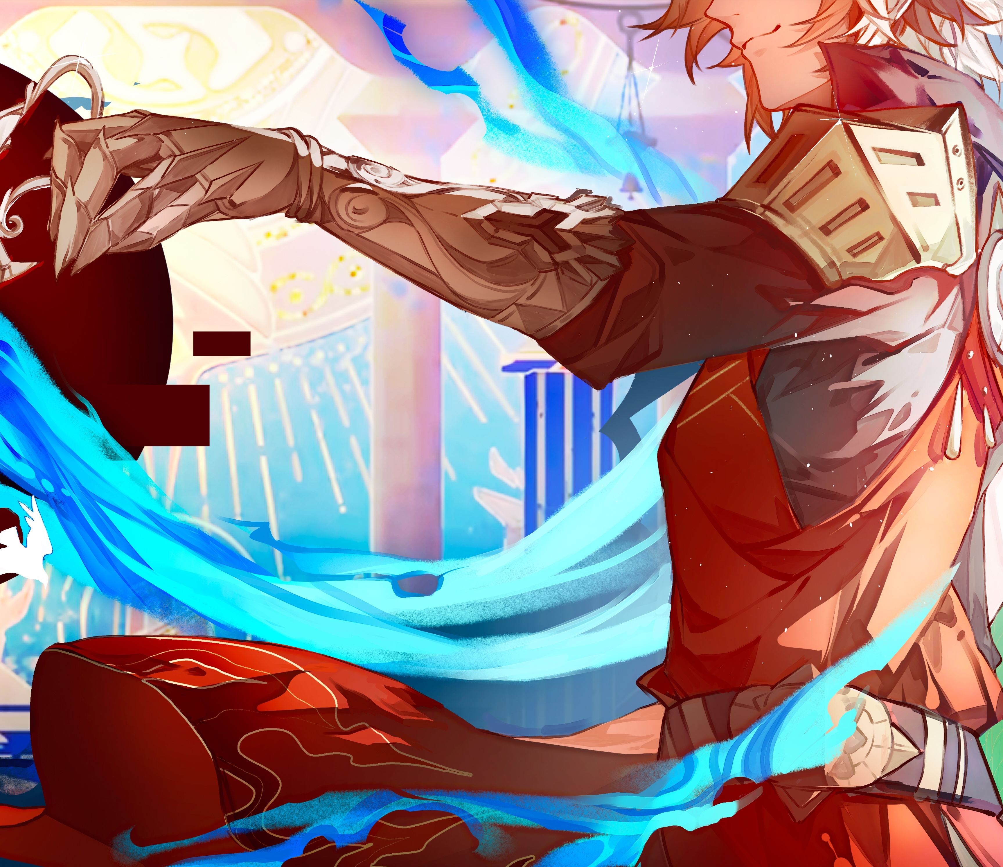 mydei (honkai: star rail), honkai: star rail, honkai (series), absurdres, chinese commentary, commentary request, highres, 1boy, armlet, armor, black coat, blonde hair, cape, clawed gauntlets, coat, earrings, from side, gold earrings, gold necklace, gradient hair, jewelry, kerror028, male focus, medium hair, multicolored hair, necklace, pauldrons, red cape, red hair, shoulder armor, single pauldron, smile, solo