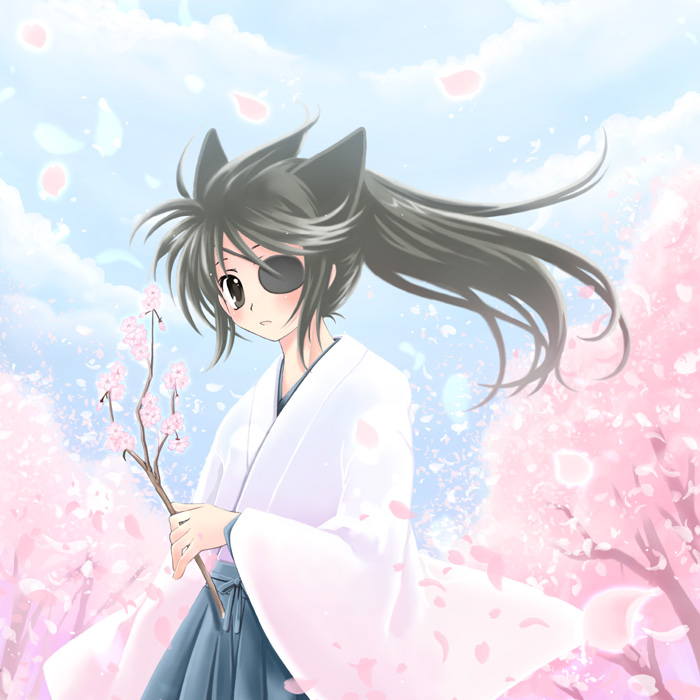 fujii chifumi, original, gender request, androgynous, animal ears, brown eyes, brown hair, cloud, day, eyepatch, japanese clothes, leaf, long hair, miko, nature, outdoors, ponytail, sky, solo