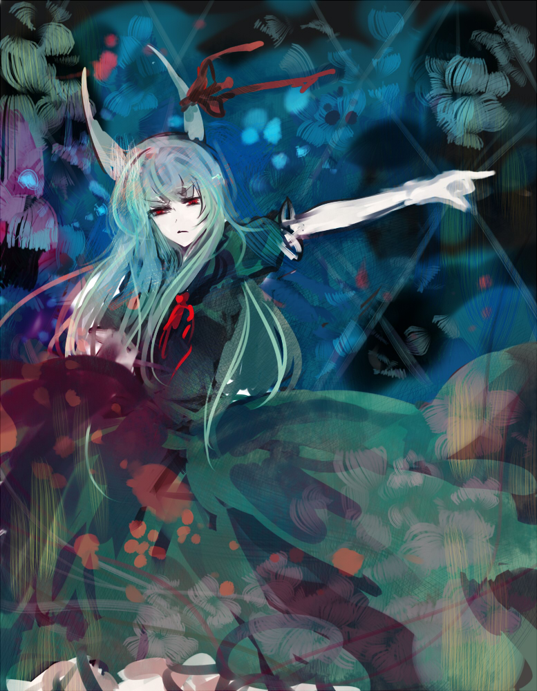 minase (mmakina), ex-keine, kamishirasawa keine, touhou, 1girl, angry, bow, dress, female focus, green hair, green theme, hair bow, horns, long hair, outstretched arm, outstretched hand, pointing, red eyes, ribbon, short sleeves, solo
