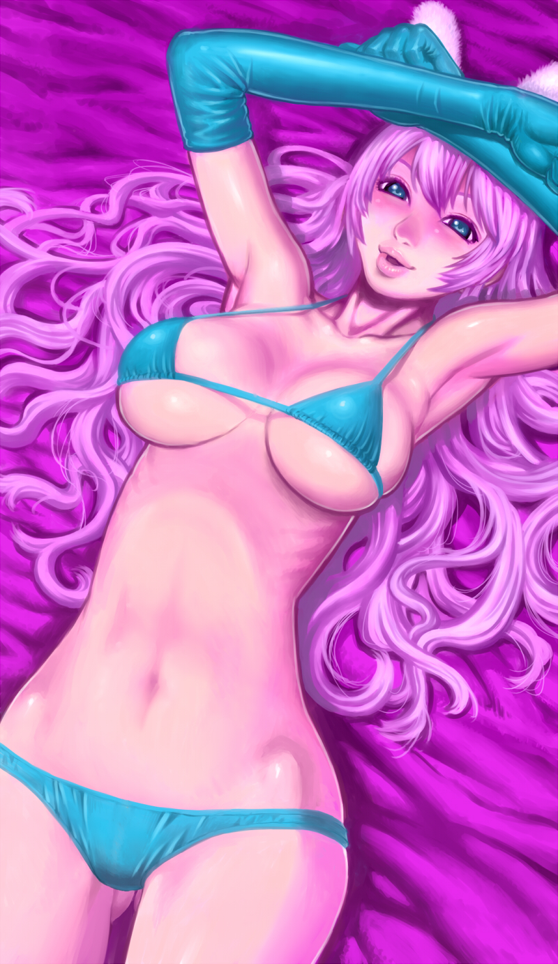 5tatsu, original, bad id, bad pixiv id, highres, 1girl, animal ears, bed sheet, bikini, blue bikini, blue eyes, blush, breasts, cleavage, elbow gloves, female focus, gloves, large breasts, lying, pink hair, purple eyes, purple hair, rabbit ears, solo, string bikini, swimsuit, underboob