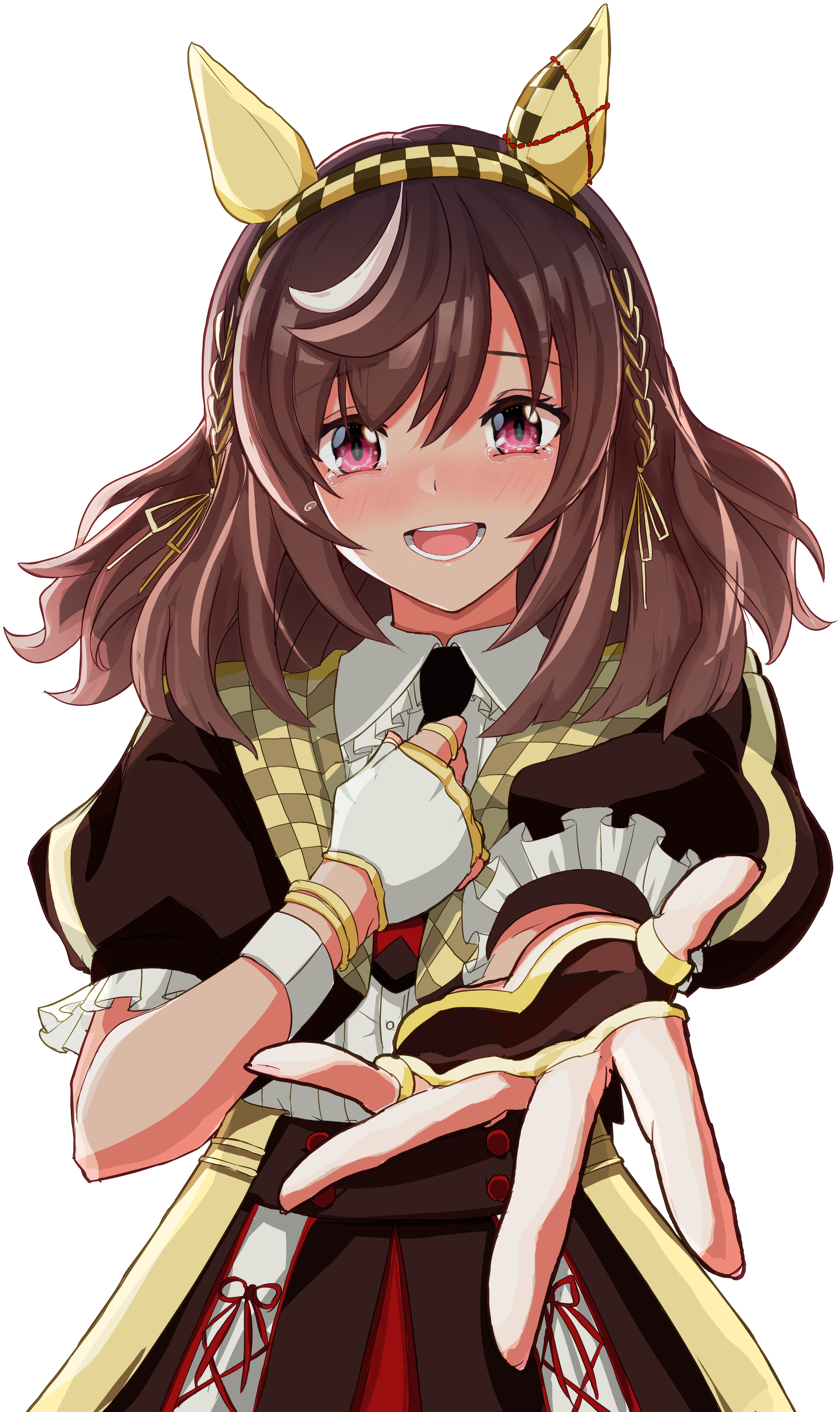 buena vista (heroina inocente) (umamusume), buena vista (umamusume), umamusume, absurdres, highres, 1girl, animal ears, blurry, blurry background, blush, braid, breasts, brown hair, cloud, crying, crying with eyes open, daimei, fingerless gloves, gloves, grass, hair between eyes, hair ornament, hairband, hand on own chest, horse girl, looking at viewer, medium breasts, open mouth, pov, purple eyes, reaching, reaching towards viewer, simple background, sky, solo, tears, teeth, white background