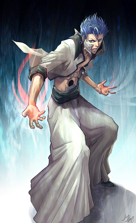 nayuki, grimmjow jaegerjaquez, bleach, 00s, 1boy, abs, arrancar, blue eyes, blue hair, male focus, matching hair/eyes, number tattoo, short hair, skull, solo, tattoo