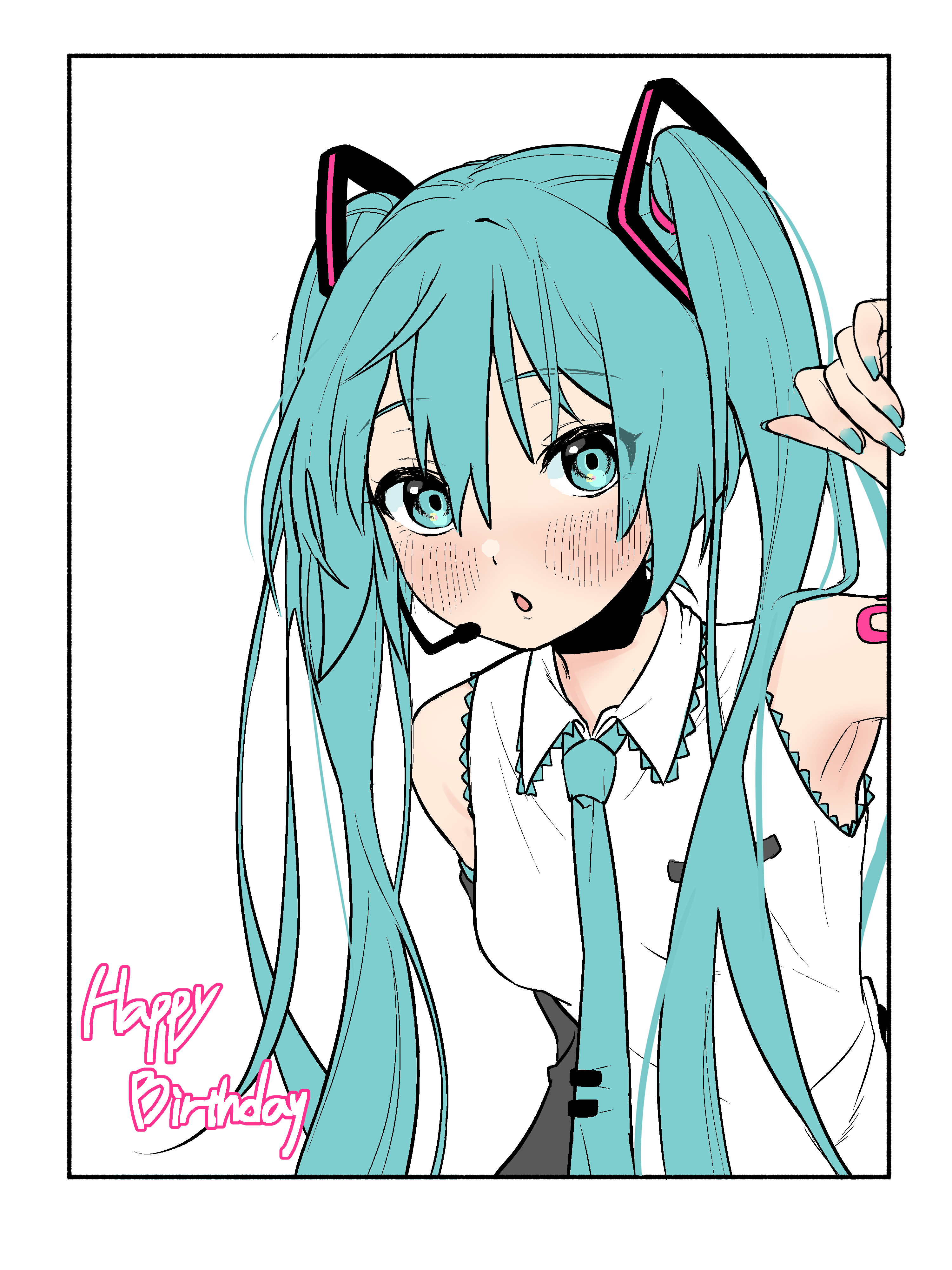 hatsune miku, vocaloid, absurdres, highres, 4mingbbu, armpits, blue eyes, blue hair, blue nails, bosa(artist), breasts, collared shirt, hatching, long hair, shirt, small breasts, twintails