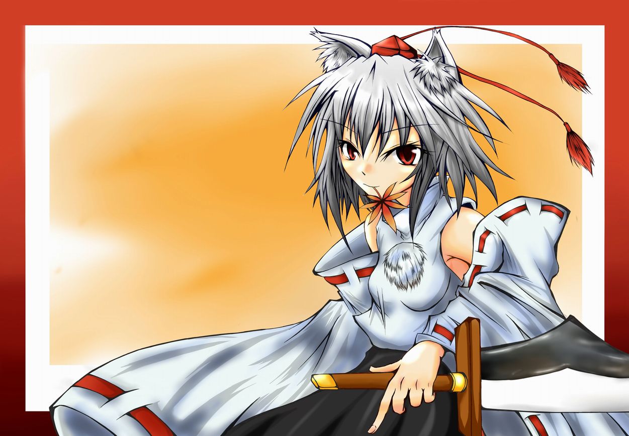 tamu shigeki, inubashiri momiji, touhou, 1girl, animal ears, detached sleeves, female focus, gradient background, hat, red eyes, short hair, solo, sword, tokin hat, weapon, white hair, wolf ears