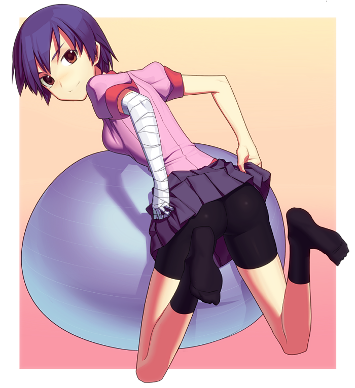 fondolger, kanbaru suruga, bakemonogatari, monogatari (series), bad id, bad pixiv id, 00s, 1girl, ass, ball, bandages, bent over, bike shorts, blue hair, clothes lift, exercise ball, feet, female focus, fondoler, from behind, kneeling, looking back, red eyes, school uniform, shadow, short hair, skirt, skirt lift, smile, socks, soles, solo, spandex