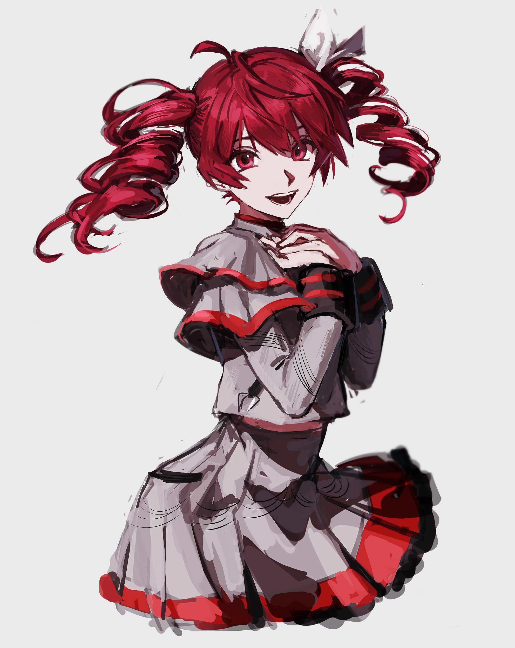 tkc (tkoshinchan), kasane teto, utau, absurdres, highres, 1girl, ahoge, cropped legs, drill hair, grey background, grey shirt, grey skirt, hands on own chest, long hair, long sleeves, looking at viewer, open mouth, pleated skirt, red eyes, red hair, ribbon, shirt, simple background, skirt, solo, twin drills, white ribbon