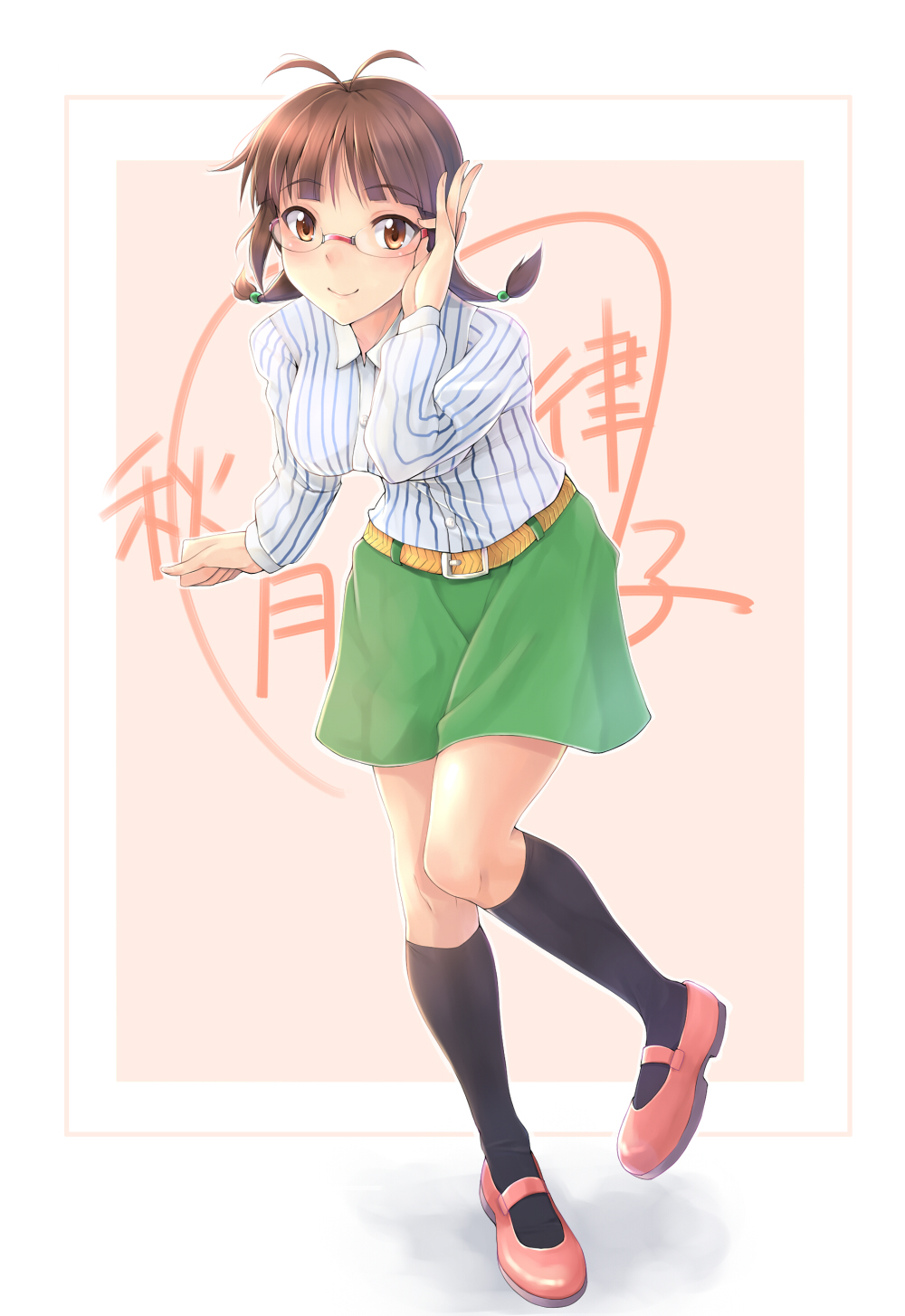 yuki usagi (mofurafu), akizuki ritsuko, idolmaster, idolmaster (classic), framed, bad id, bad pixiv id, highres, translation request, 00s, 1girl, adjusting hair, antenna hair, blush, breasts, brown eyes, brown hair, casual, female focus, full body, glasses, hanging breasts, kneehighs, leaning forward, legs, mary janes, medium breasts, outside border, shirt, shoes, skirt, smile, socks, solo, striped clothes, striped shirt, twintails, vertical-striped clothes, vertical-striped shirt