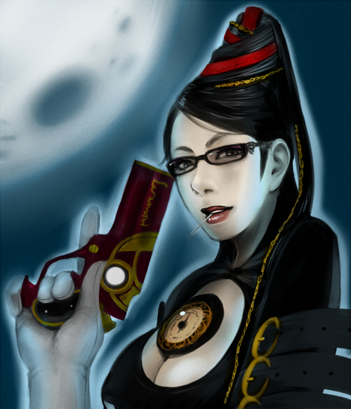 zettai ni yurusan zo, bayonetta, bayonetta (series), bad id, black eyes, black hair, chain, glasses, gun, hair bun, handgun, long hair, moon, red ribbon, ribbon, single hair bun, weapon