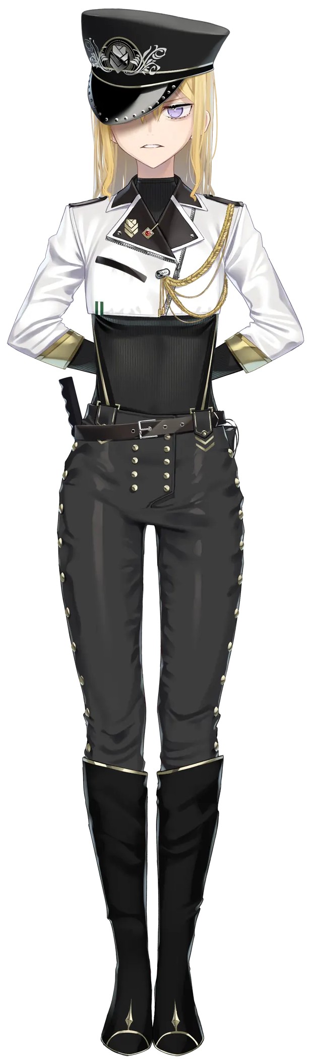 hentai prison, highres, official art, 1girl, arms behind back, belt, black boots, black gloves, black hat, black pants, black shirt, blonde hair, boots, crop top, gloves, hat, knee boots, long sleeves, military uniform, pants, purple eyes, shirt, sofia shikolenko, tachi-e, tight clothes, tight pants, transparent background