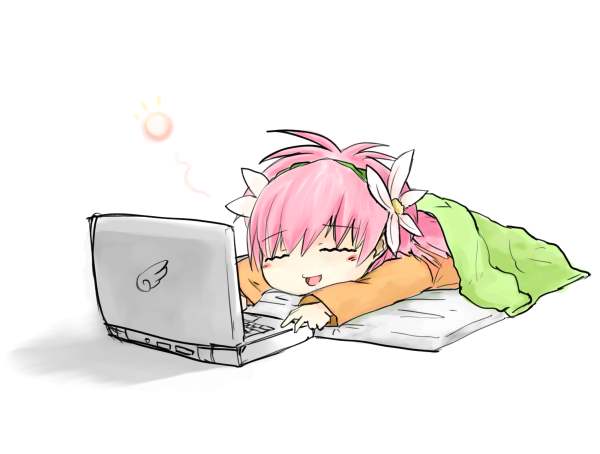 nyama, milfeulle sakuraba, galaxy angel, jpeg artifacts, 00s, 1girl, chibi, closed eyes, computer, computer keyboard, female focus, full body, laptop, pink hair, solo, white background