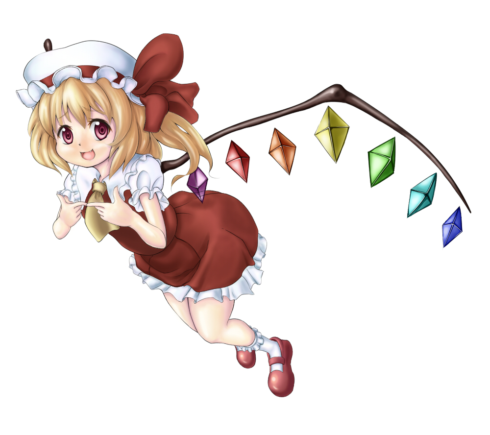 sipu, flandre scarlet, embodiment of scarlet devil, touhou, bad id, bad pixiv id, 1girl, blonde hair, blouse, collared shirt, female focus, foreshortening, full body, hat, mob cap, one side up, ponytail, red eyes, red shoes, shirt, shoes, short hair, side ponytail, simple background, socks, solo, white background, white hat, white shirt, white socks, wings