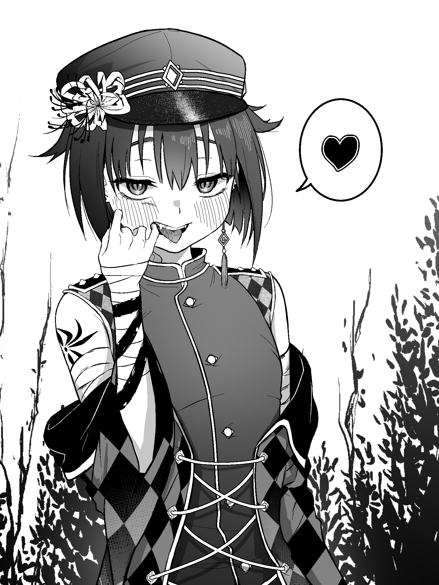 shinoshima raise, indie virtual youtuber, highres, 1boy, 4mingbbu, bandaged arm, bandages, black hair, bosa(artist), checkered clothes, fangs, flower, greyscale, hat, heart, monochrome, saliva, spider lily, spoken heart, tongue, tongue out, trap, virtual youtuber