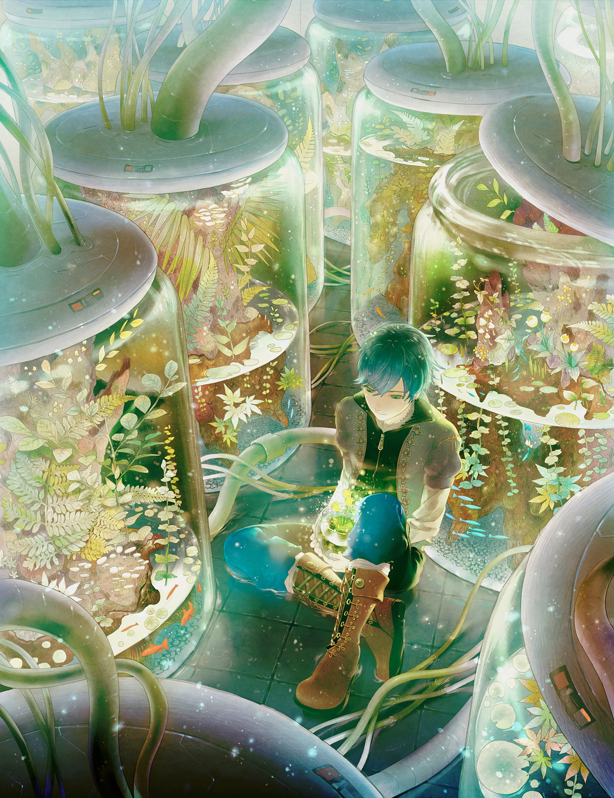 ame (conronca), original, highres, 1boy, aquarium, blue hair, boots, bowl, cable, fish, fishbowl, goldfish, green eyes, green hair, jar, lace-up boots, lily pad, male focus, matching hair/eyes, mushroom, plant, sitting, solo, stasis tank, tube, water