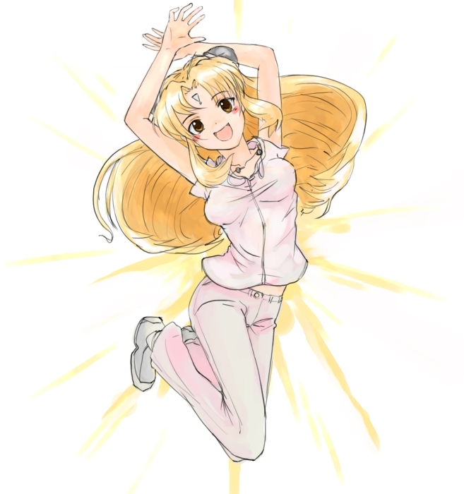 nyama, ranpha franboise, galaxy angel, 00s, 1girl, :d, blonde hair, female focus, full body, long hair, open mouth, smile, solo, white background