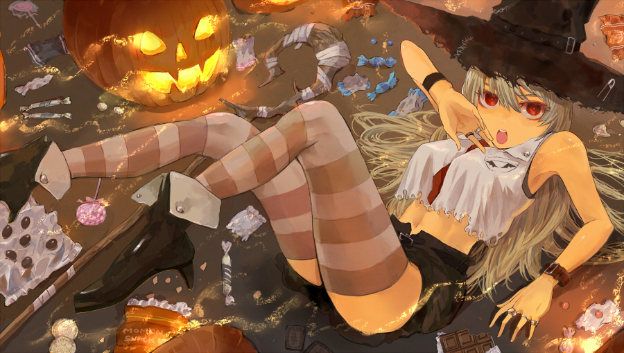 shrimpman, original, 1girl, blonde hair, candy, female focus, food, halloween, hat, jack-o'-lantern, jewelry, lying, pumpkin, red eyes, ring, shorts, solo, striped clothes, striped thighhighs, thighhighs, witch hat