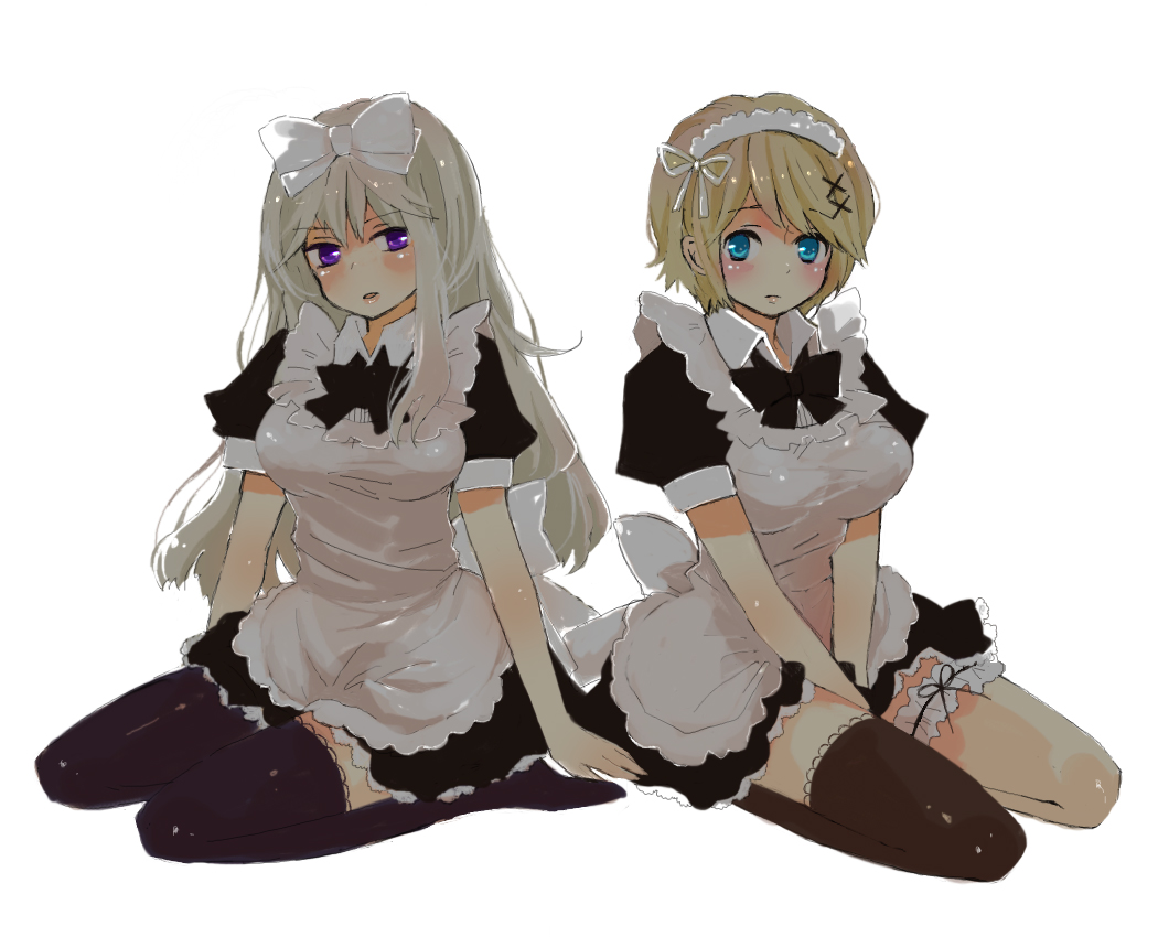mukimuki mayuge, belarus (hetalia), ukraine (hetalia), axis powers hetalia, bad id, bad pixiv id, 00s, 2girls, apron, between thighs, blonde hair, blue eyes, blush, bow, bowtie, breasts, dress, frilled thigh strap, hair bow, headdress, large breasts, legs, long hair, maid, maid apron, maid headdress, multiple girls, purple eyes, short hair, single thighhigh, thigh strap, thighhighs, v arms