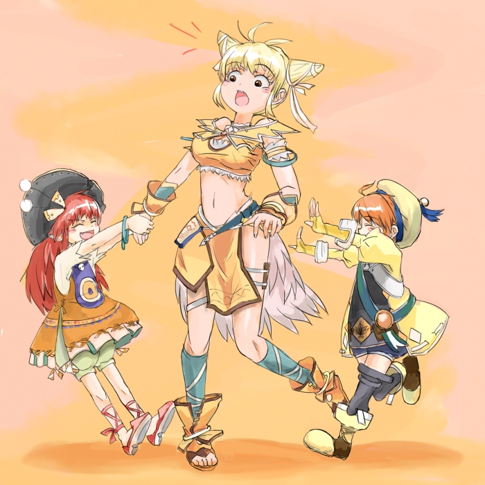 nyama, beat, beat (trusty bell), salsa, salsa (trusty bell), viola, trusty bell, 1boy, 2girls, :d, :o, ^^^, blonde hair, brown hair, child, closed eyes, cone hair bun, fang, hair bun, hat, midriff, multiple girls, navel, open mouth, red hair, sandals, smile