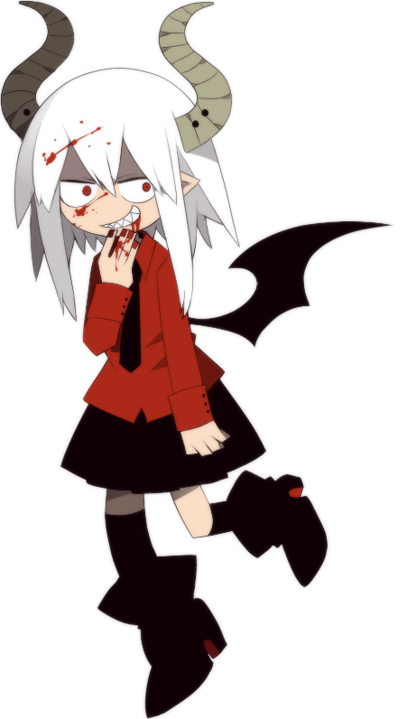 funamusea (artist), hanten (funamusea), funamusea, sutare yume, official art, 1girl, alternate form, black necktie, black skirt, black socks, blood, blood in hair, blood on face, blood on hands, boots, demon girl, demon horns, demon wings, horns, kneehighs, nail polish, necktie, pleated skirt, pointy ears, red eyes, red nails, red shirt, sharp teeth, shirt, skirt, smile, socks, solo, teeth, white background, white hair, wings