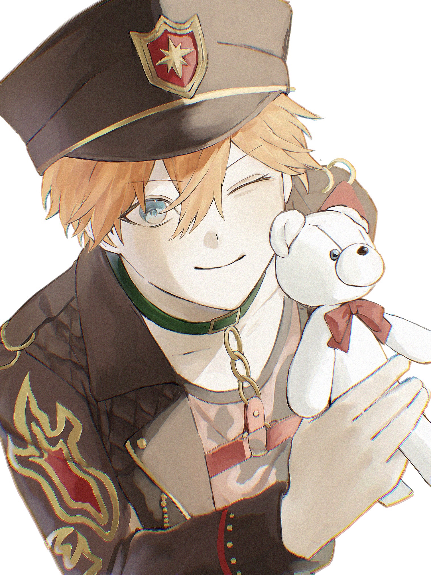 akehoshi subaru, ensemble stars!, commentary, highres, 1boy, black hair, black jacket, blue eyes, chest harness, choker, closed mouth, from above, green choker, hair between eyes, harness, hat, holding, holding stuffed toy, jacket, looking at viewer, male focus, official alternate costume, one eye closed, open clothes, open jacket, orange hair, peaked cap, print jacket, short hair, simple background, smile, solo, stuffed animal, stuffed toy, teddy bear, upper body, white background, wwww6210