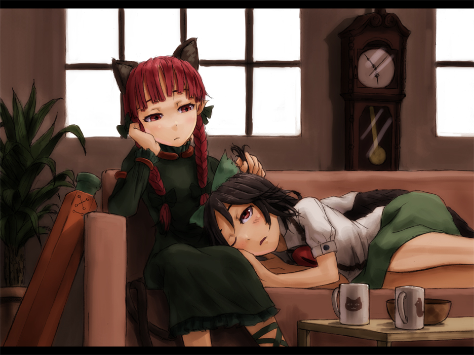kurione (pixiv), kurione (zassou), kaenbyou rin, reiuji utsuho, touhou, bad id, bad pixiv id, 2girls, animal ears, arm cannon, black hair, bored, braid, cat ears, cat girl, couch, dress, female focus, fetal position, hair ribbon, head rest, lap pillow, letterboxed, lying, multiple girls, one eye closed, red eyes, red hair, ribbon, sitting, twin braids, twirling hair, weapon, wink