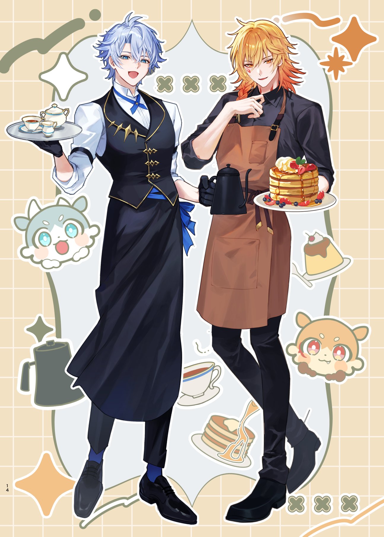 xxchicoxxf, mydei (fig stew) (honkai: star rail), mydei (honkai: star rail), phainon (honkai: star rail), phainon (vigethos) (honkai: star rail), honkai: star rail, honkai (series), commentary request, highres, 2boys, alternate costume, antenna hair, apron, black gloves, black pants, black shirt, black shoes, black vest, blonde hair, blue eyes, braid, brown apron, collared shirt, cup, facial tattoo, food, gloves, gradient hair, holding, holding tray, male focus, medium hair, multicolored hair, multiple boys, pancake, pancake stack, pants, parted bangs, red hair, red tattoo, shirt, shoes, short hair, side braid, tattoo, teacup, tray, vest, white hair, white shirt, yellow eyes
