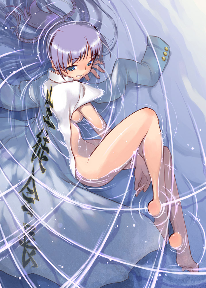 nakamura tetsuya, original, bad id, bad pixiv id, 1girl, banchou, barefoot, blue eyes, bousouzoku, breasts, clothes writing, coat, delinquent, feet, female focus, grin, lying, naked coat, nude, on side, purple hair, ripples, smile, soles, solo, submerged, toes, tokkoufuku, water, wet, wet clothes