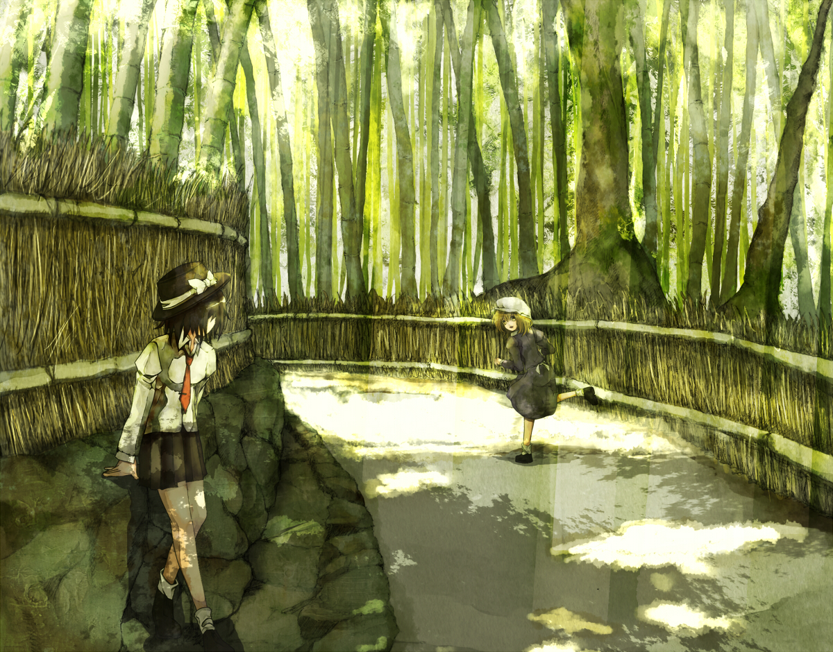 tokoroten (hmmuk), maribel hearn, usami renko, ghostly field club, touhou, wall, bad id, bad pixiv id, 2girls, bamboo, bamboo forest, female focus, forest, kyoto, looking back, multiple girls, nature, road, running, scenery, shade, shadow, sunlight
