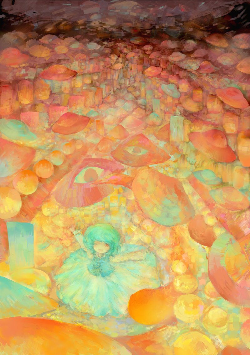 tsuuyakukan reni, tatara kogasa, touhou, 1girl, blue hair, dress, female focus, festival, happy, karakasa obake, one eye closed, red eyes, solo, tongue, ufo, umbrella, wink