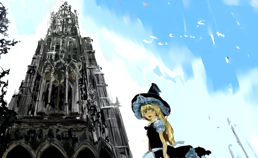 kai (kai 013), kirisame marisa, touhou, bad id, bad pixiv id, 1girl, architecture, church, day, female focus, gothic architecture, outdoors, sky, solo, ulm minster