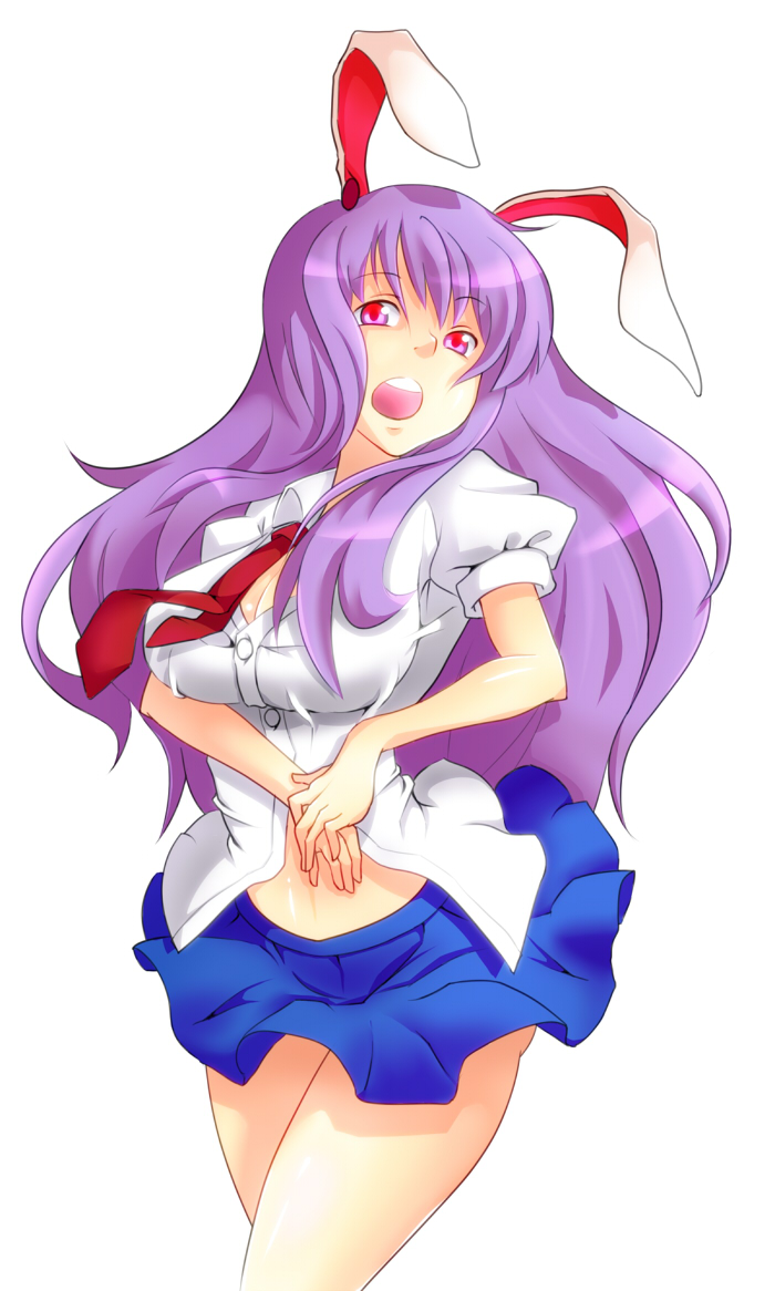 kenoko, reisen udongein inaba, touhou, 1girl, animal ears, breasts, cleavage, dress shirt, female focus, long hair, necktie, purple hair, rabbit ears, red eyes, red necktie, shirt, skirt, solo